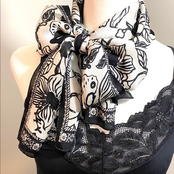 Black & White Floral Silk Rectangle Scarf - Picture 2 of 9